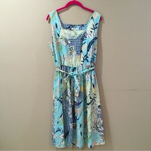 Malvin Hamburg Germany Blue Floral 100% Linen Fit&flare Dress Size Large New